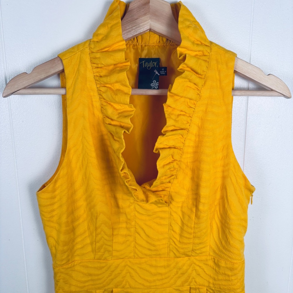 Taylor Sleeveless Ruffle Neck Party Dress Sunflower Yellow Fitted Career Size 4 - Picture 2 of 11